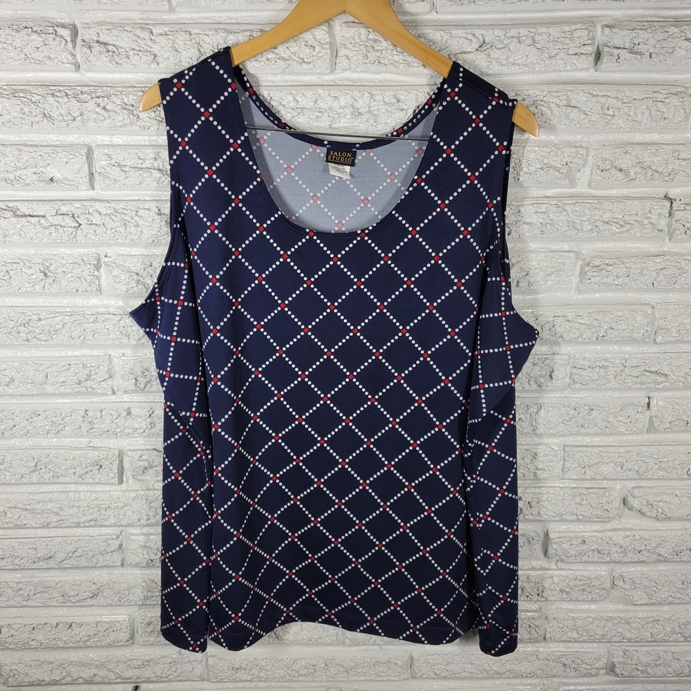 Salon Studio Women's 3X Plus Tank Top Blouse Blue Red Geometric Stretch
